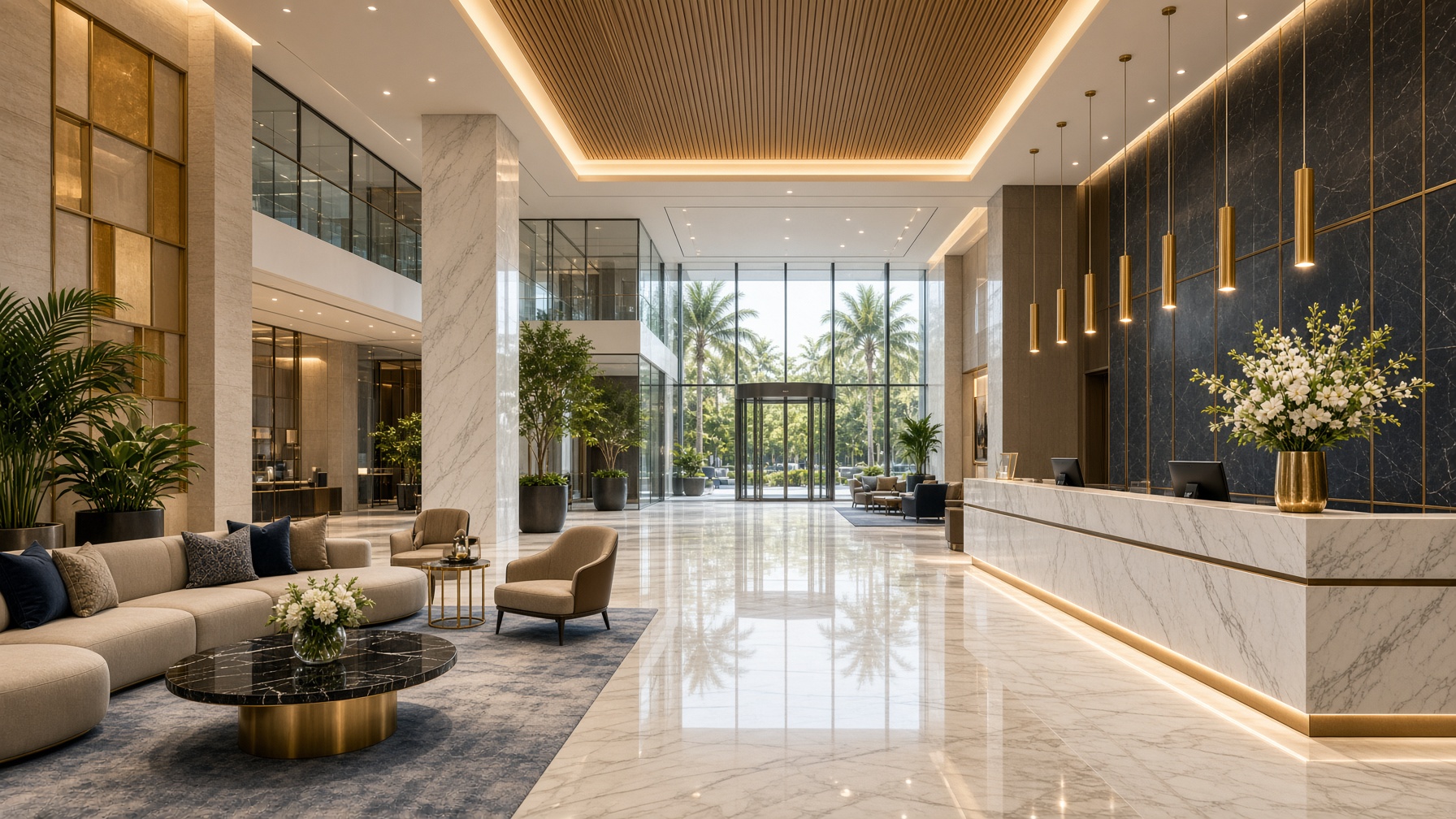 Bright luxury hotel lobby with marble floors